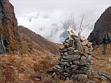 206 French Pass Of April 27 1950 �The day following another five- or six-thousand foot drag brought us to a tiny notch on a secondary ridge of the Nilgiri massif. This pass, so insignificantly-seeming among the vastness of the mountains, proved to be one of the most important in the history of the Himalayan mountaineering, for it was here that on 26th [actually 27th] April 1950, Couzy, Oudot and Schatz discovered the amazing traverse of the walls of the Miristi gorge, without which Annapurna would never have been climbed� (Lionel Terray, Conquistadors of the Useless). This is the famed Pass Of April 27 (4310m).